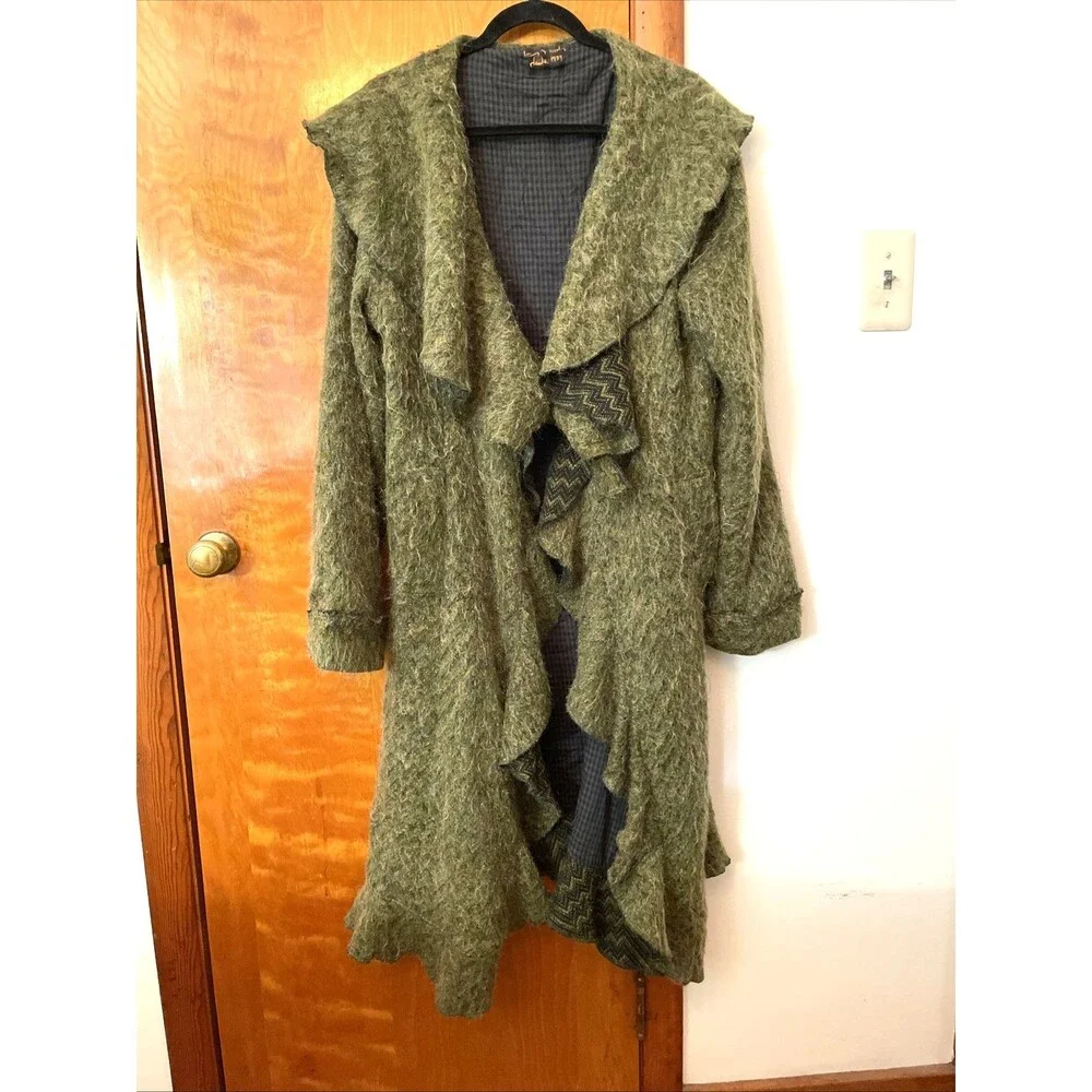 Ian Mosh Faux Mohair Sweater Ruffle Bohemian Festival Long Coat M/L Green Fairy